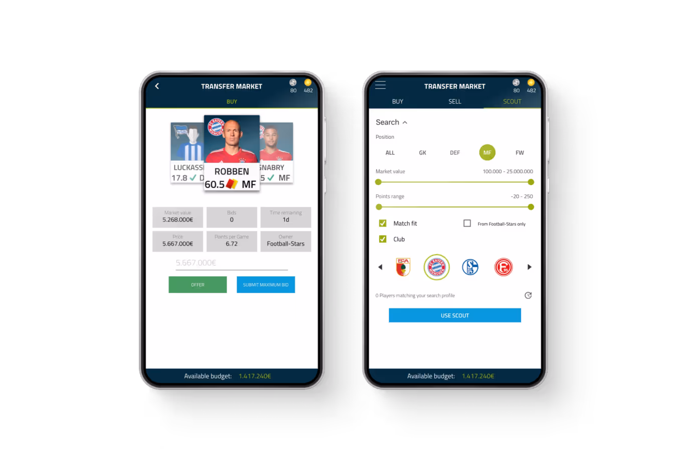 Two mobile screens showing a football fantasy app’s transfer market, featuring player cards, bid details, and scout filters.