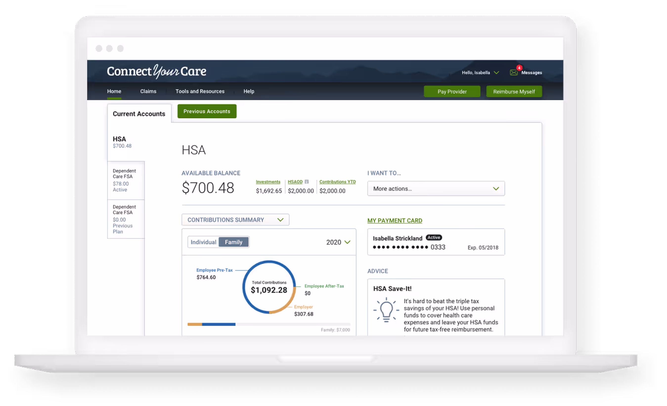 Laptop screen showing ConnectYourCare HSA account dashboard with contributions summary, balance, and payment card info