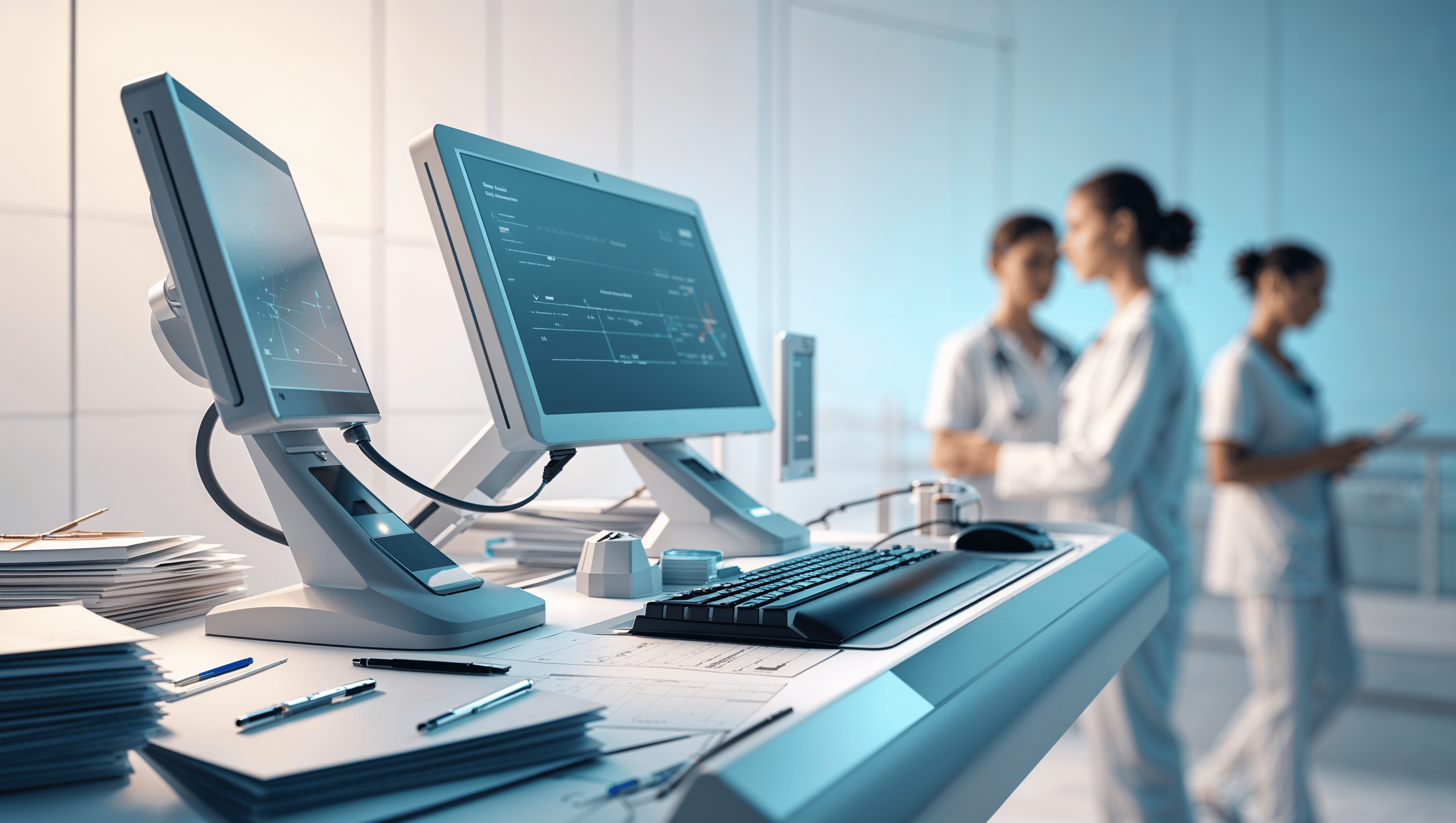 Modern hospital desk with dual monitors and papers; medical staff talk in background, slightly blurred