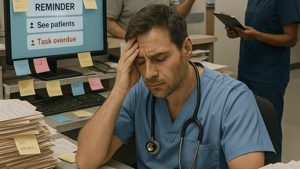 Stressed healthcare worker at cluttered desk with Task overdue alert, showing burnout and overload