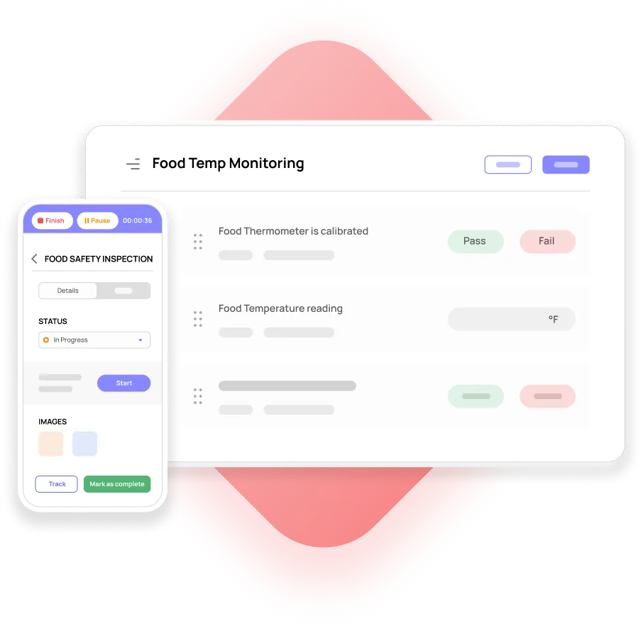 Interface showing food temperature monitoring dashboard on a tablet and food safety inspection status on a smartphone screen.