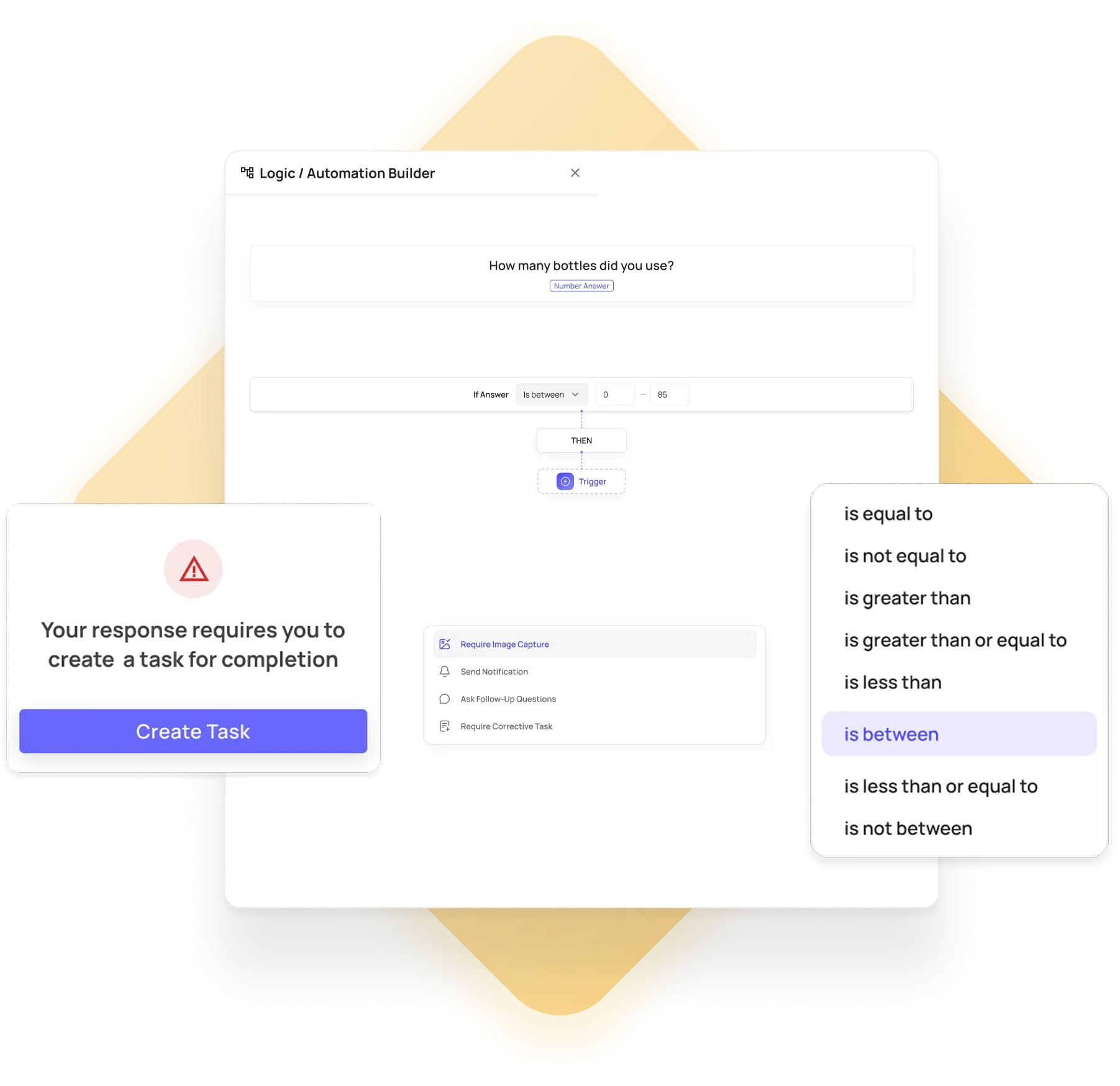 Screenshot of a Logic Automation Builder interface with a condition set to check if the number of bottles used is between 0 and 85, and a prompt to create a task for completion.