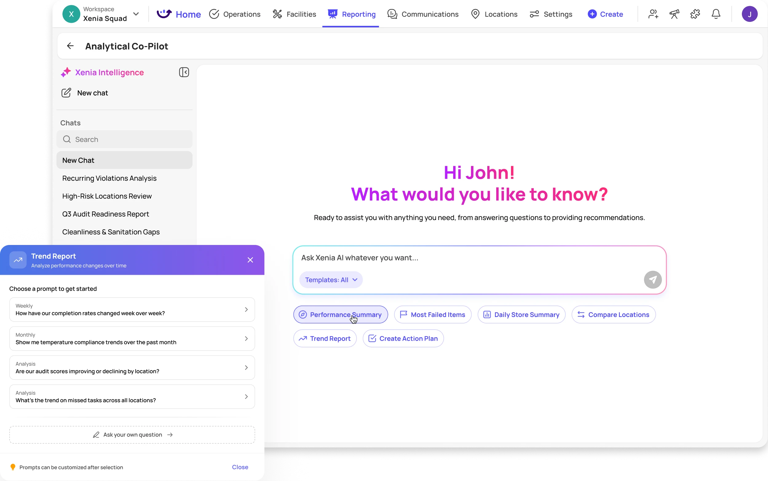 User interface of an analytical AI co-pilot showing a chat prompt area with options for performance summary, failed items, daily store summary, and comparing locations, alongside a popup for trend report prompts like weekly completion rates and temperature compliance.