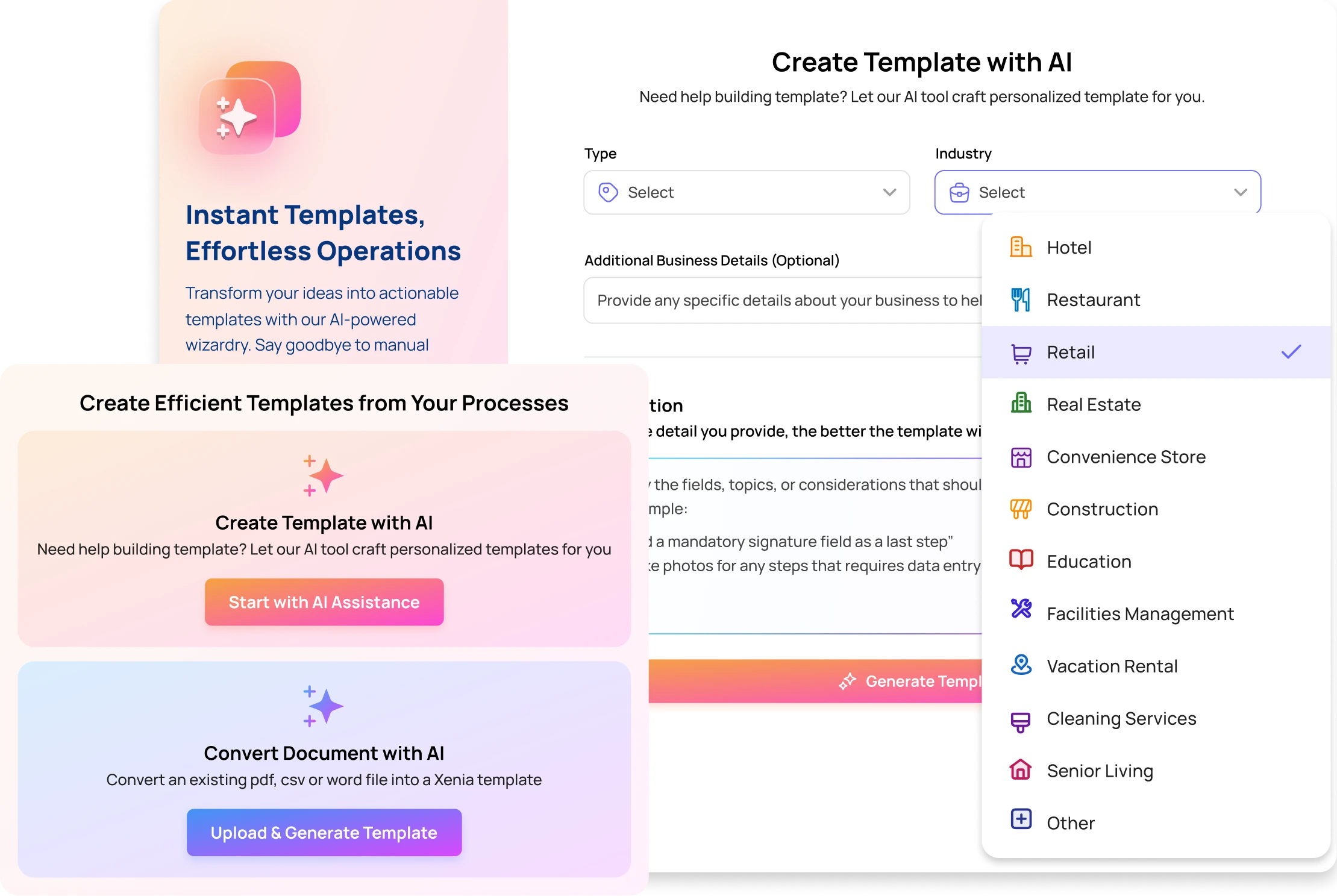 User interface for creating AI-powered business templates with options to select type and industry, input details, and buttons for AI assistance or uploading documents.