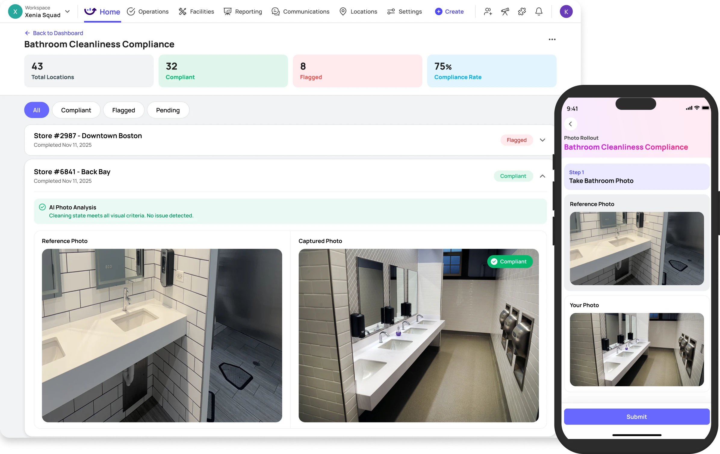 Dashboard and mobile app interface showing bathroom cleanliness compliance with reference and captured photos of a clean public restroom.