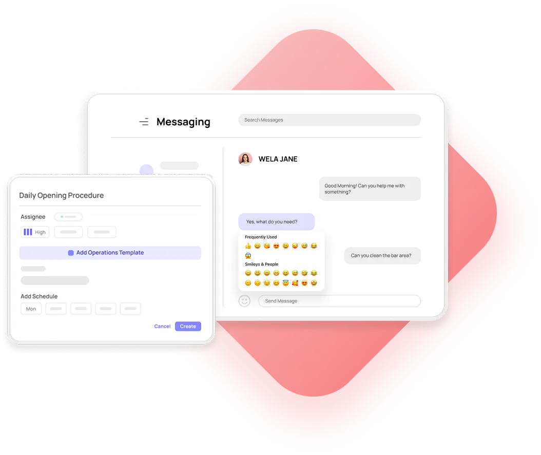 Interface showing a messaging app conversation and a daily opening procedure template with task assignment and schedule options.