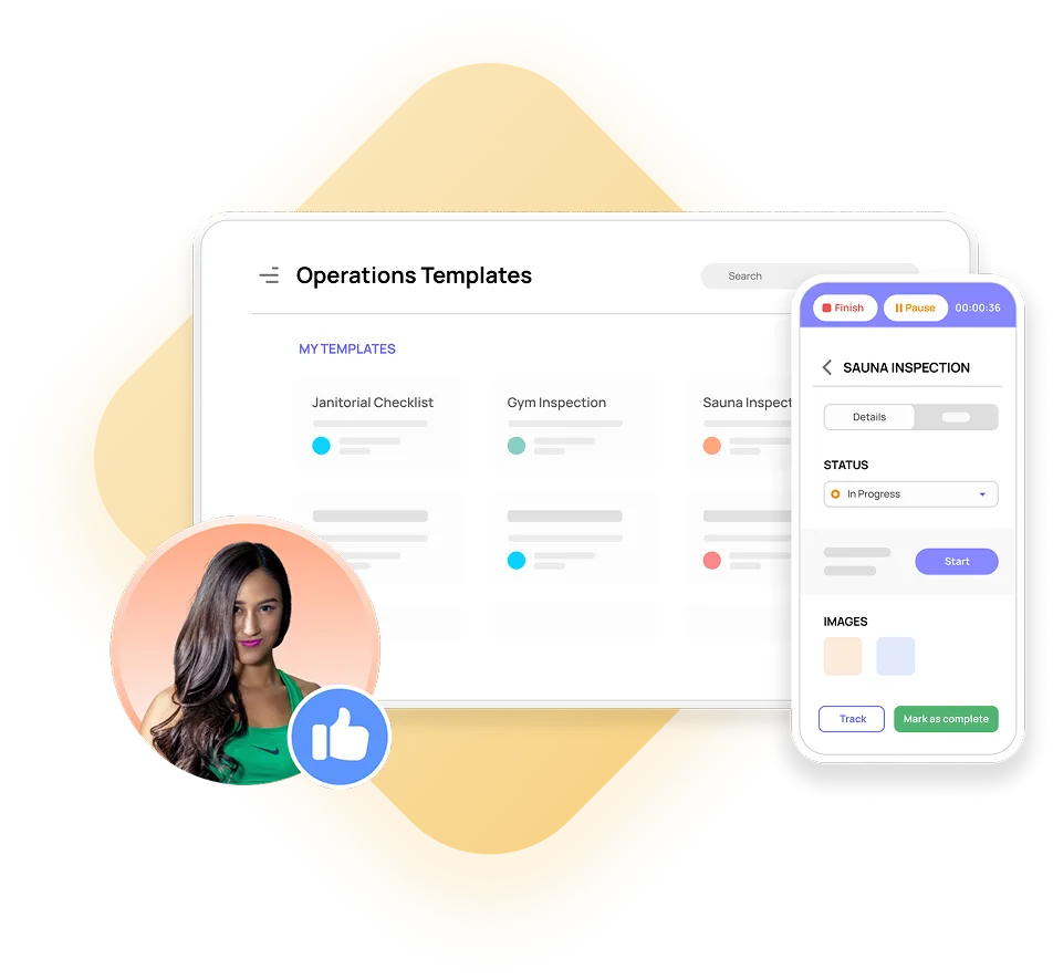 Digital interface showing operations templates on a tablet and sauna inspection status on a mobile device, with a woman's portrait and a thumbs-up icon.