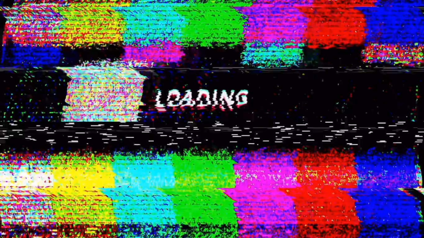 Colorful TV static glitch with the word 'LOADING' distorted in the center.