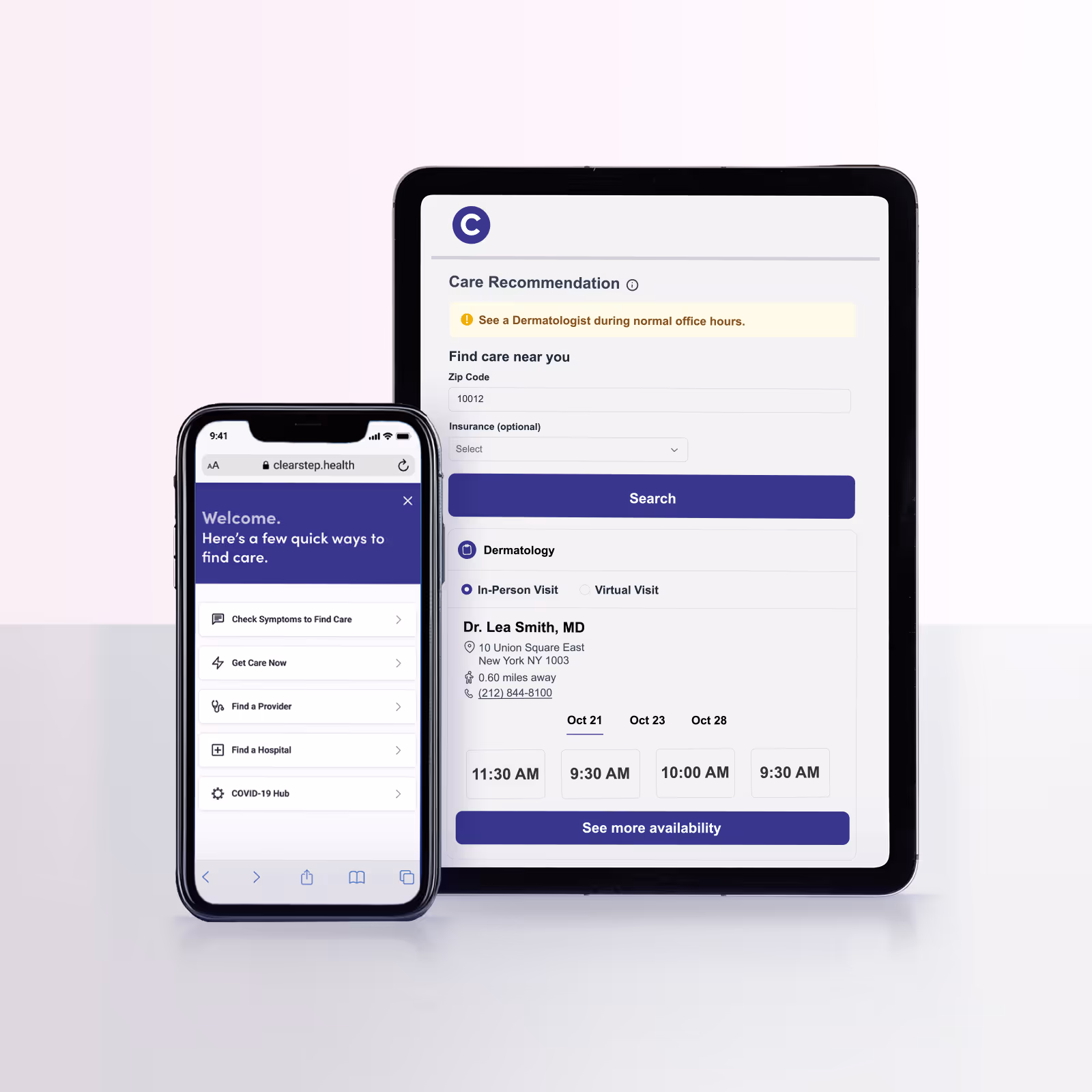 Two side-by-side device screens showing a welcome screen on the left and then a completed triage screen on the right.