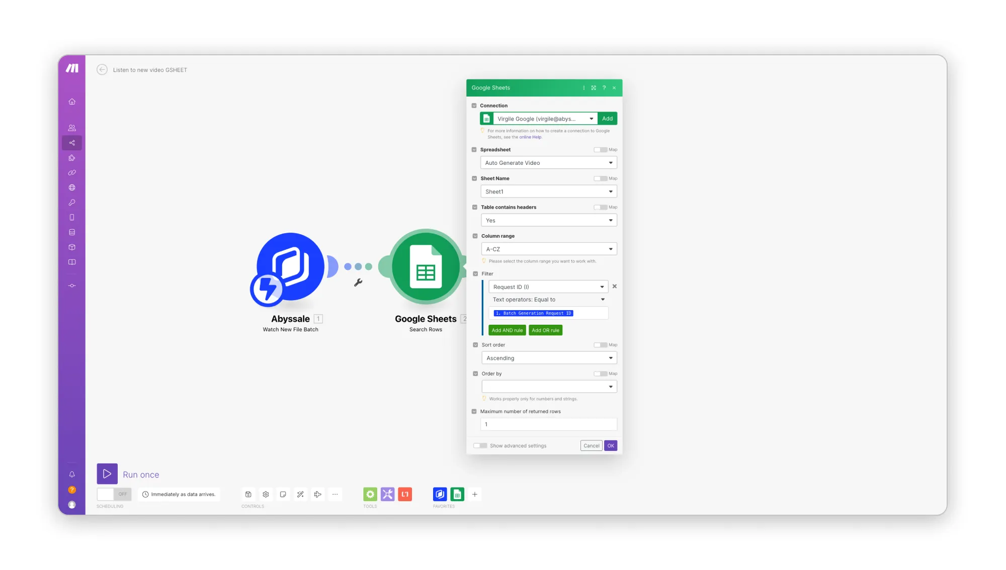 Module Make Google Sheets Search rows