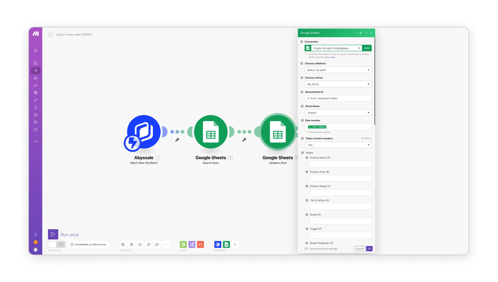 Module Google Sheets Mise à jour de la ligne