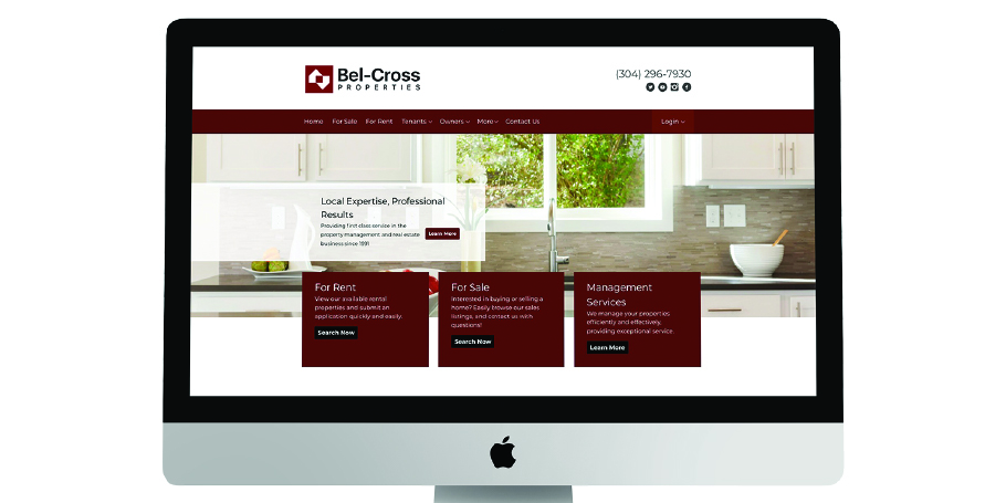 Computer screen showing Bel-Cross Properties website homepage with tabs for Home, For Sale, For Rent, Tenants, Owners, and contact info, featuring property rental, sale, and management service options.