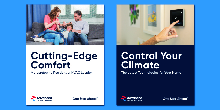Two flyers for Advanced Heating & Cooling: Left flyer shows a smiling family on a couch with text 'Cutting-Edge Comfort Morgantown’s Residential HVAC Leader'; right flyer shows a hand adjusting a thermostat with text 'Control Your Climate The Latest Technologies for Your Home.'