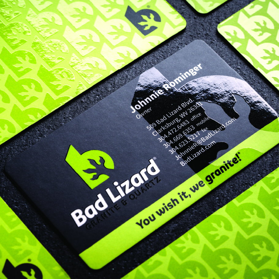 Bad Lizard business card with green and black design, featuring contact information for Johnnie Rominger and the slogan 'You wish it, we granite!'