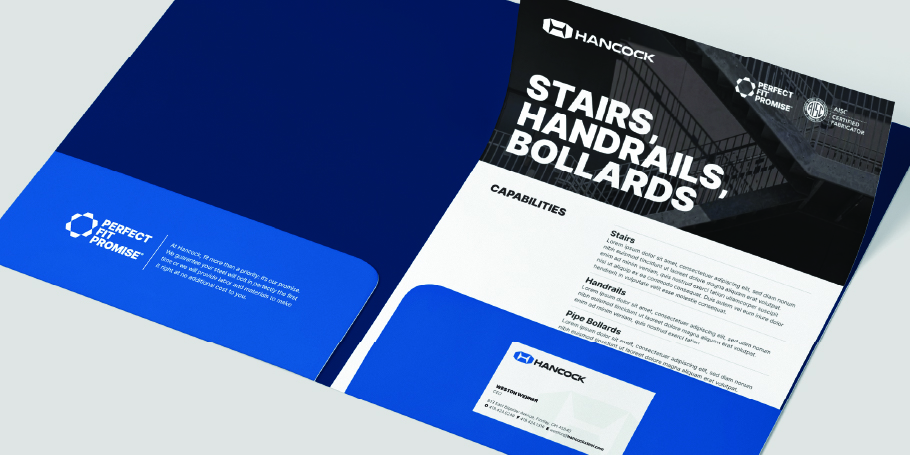 Open Hancock branded folder with document titled 'Stairs, Handrails, Bollards' listing capabilities, next to a blue folder section with Perfect Fit Promise logo.