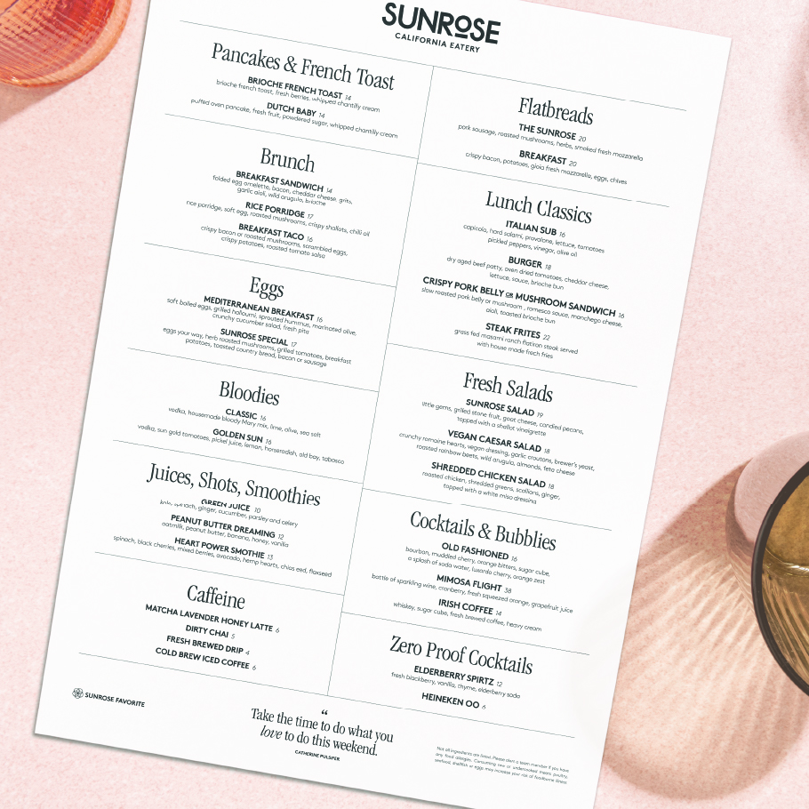 Sunrose California Eatery menu featuring sections for Pancakes & French Toast, Brunch, Eggs, Bloodies, Juices, Shots, Smoothies, Caffeine, Flatbreads, Lunch Classics, Fresh Salads, Cocktails & Bubbles, and Zero Proof Cocktails.