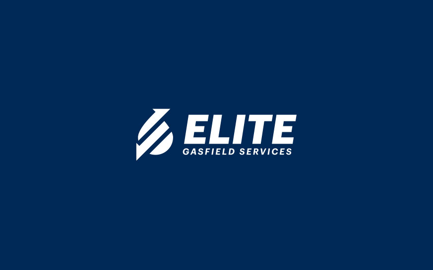 White Elite Gasfield Services logo with stylized icon on dark blue background.