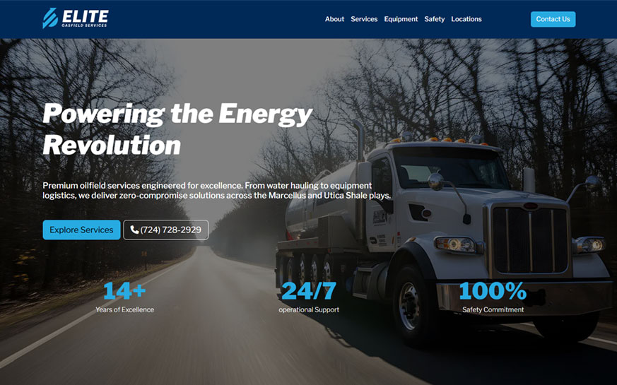 Elite Gasfield Services website. Large white tanker truck driving on a tree-lined highway at dusk with overlay text promoting 