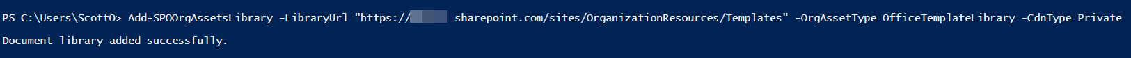 Screenshot of PowerShell command to set library as org-wide template library