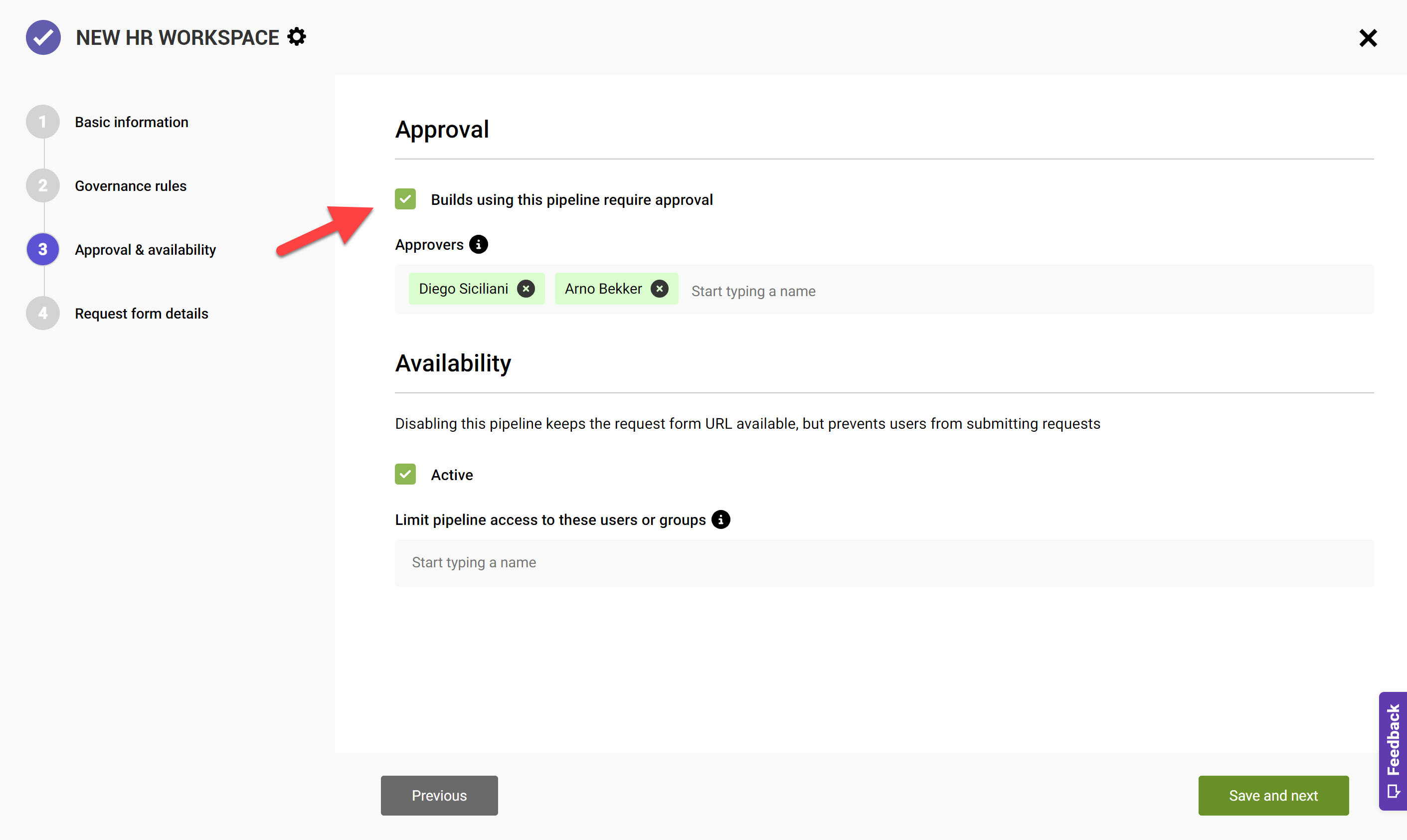 Screenshot of enabling approval on a Teams request pipeline in SProbot