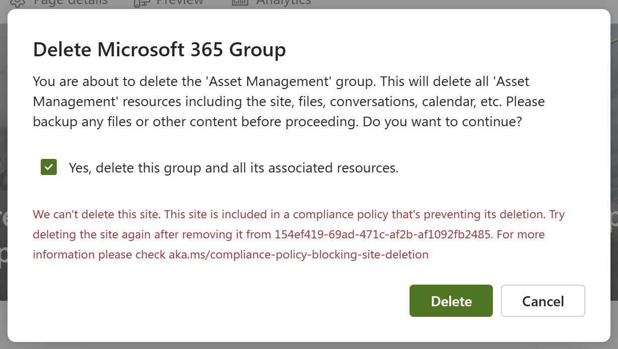 Screenshot of error message when trying to delete a group-connected SharePoint site to which a retention policy applies.