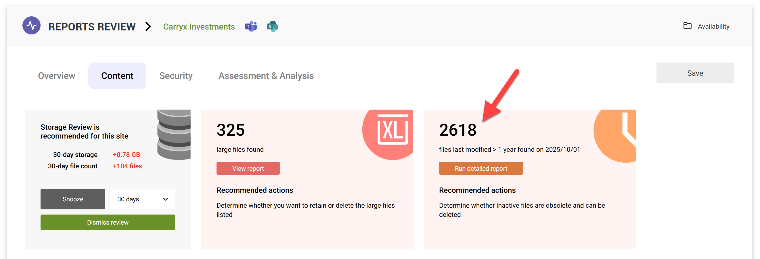 Screenshot of the Content tab inside a site, showing the number of inactive files with the ability to run a detailed report