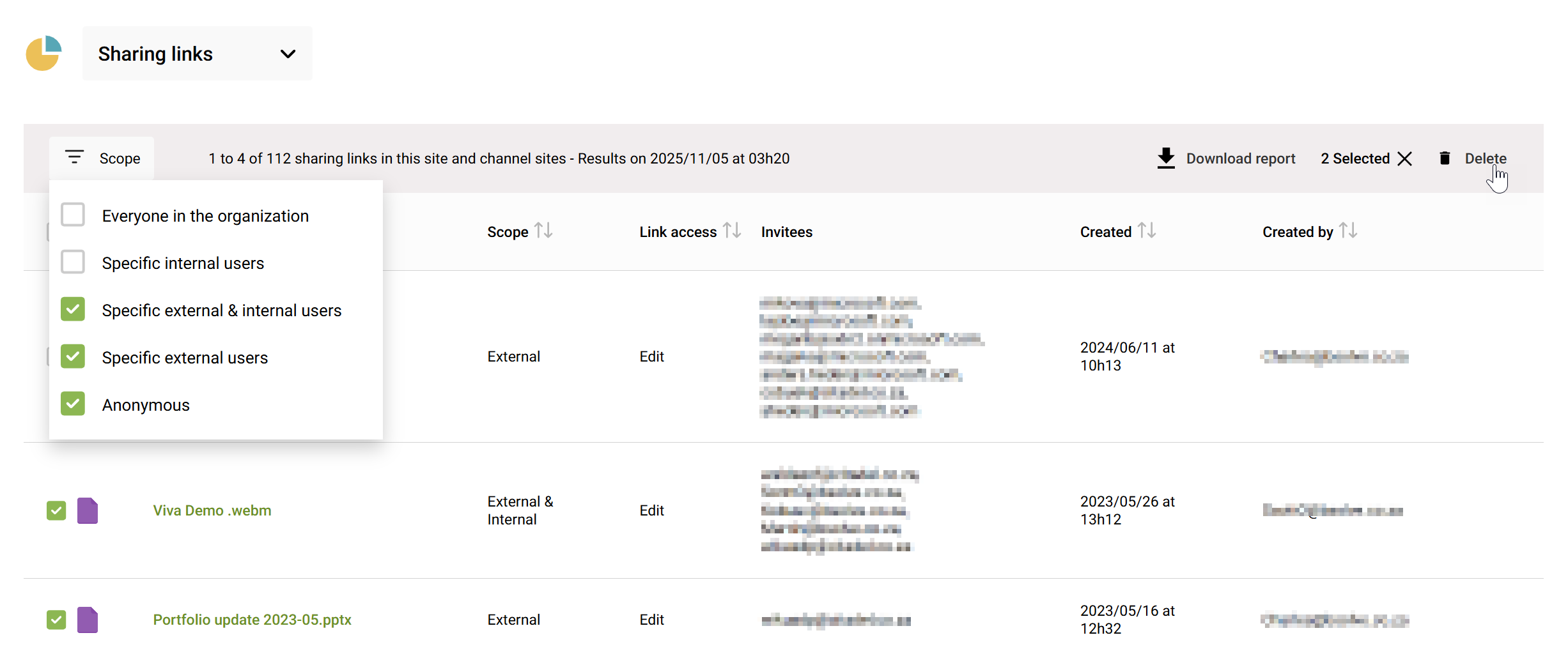 Screenshot of detailed SProbot sharing links report, showing filtering to link types and deletion of unwanted links