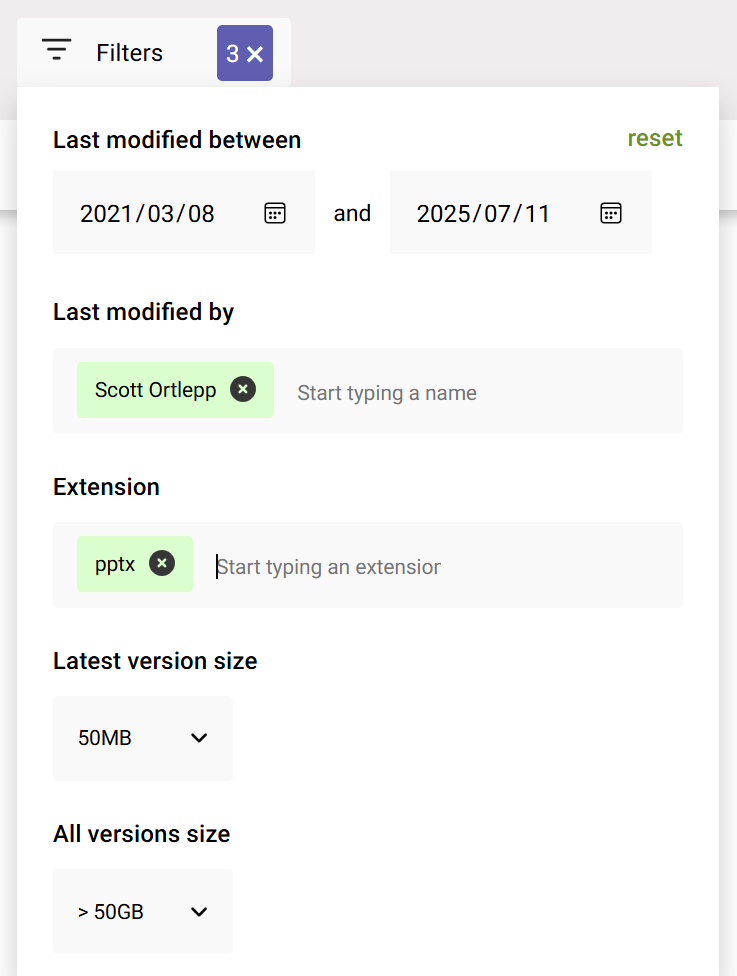 Screenshot of the large file report filter panel showing filtering by author, extension and version size