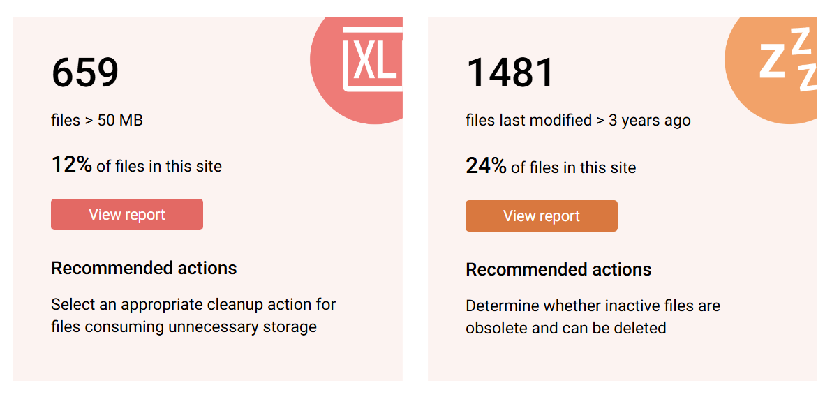 Screenshot of the large and inactive file report statistics