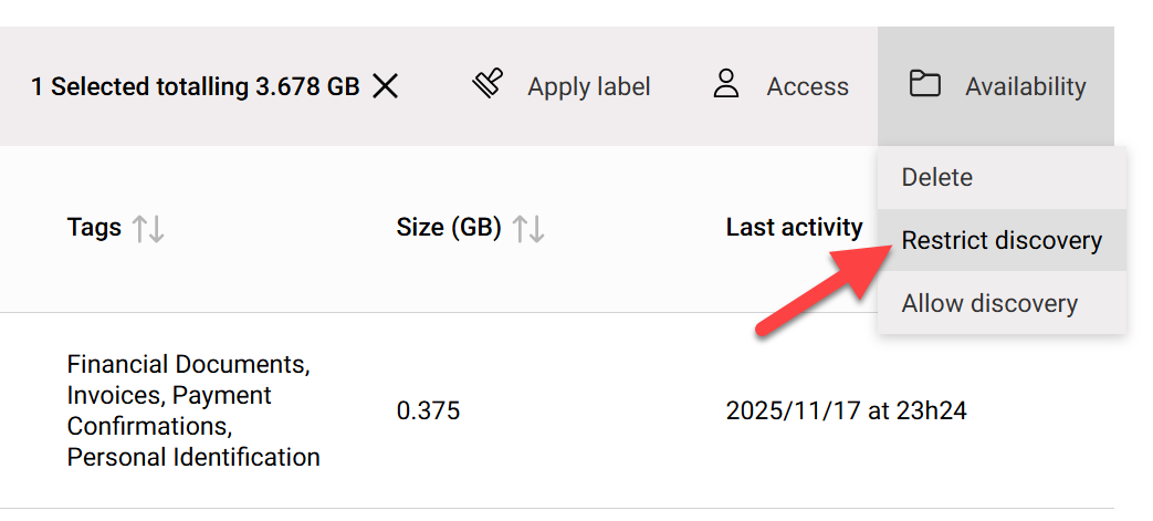 Screenshot of the "Restrict discovery" admin action to toggle Restricted Content Discovery on