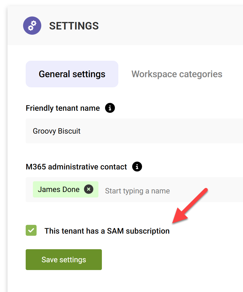 Screenshot of the "This tenant has a SAM subscription" checkbox in Settings