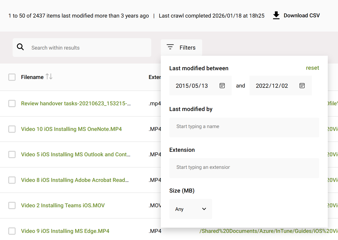 Screenshot of the filter panel within SProbot's inactive file report
