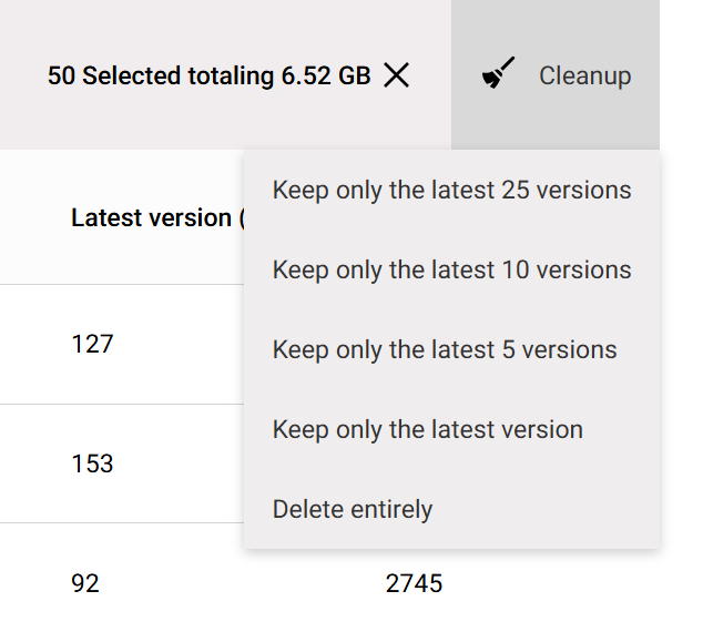 Screenshot of the version trimming menu for large files in SProbot
