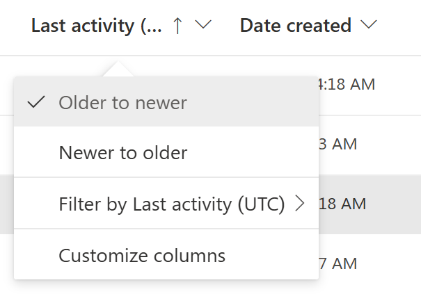 Screenshot of the Active sites report filtering by last activity in the SharePoint admin center 
