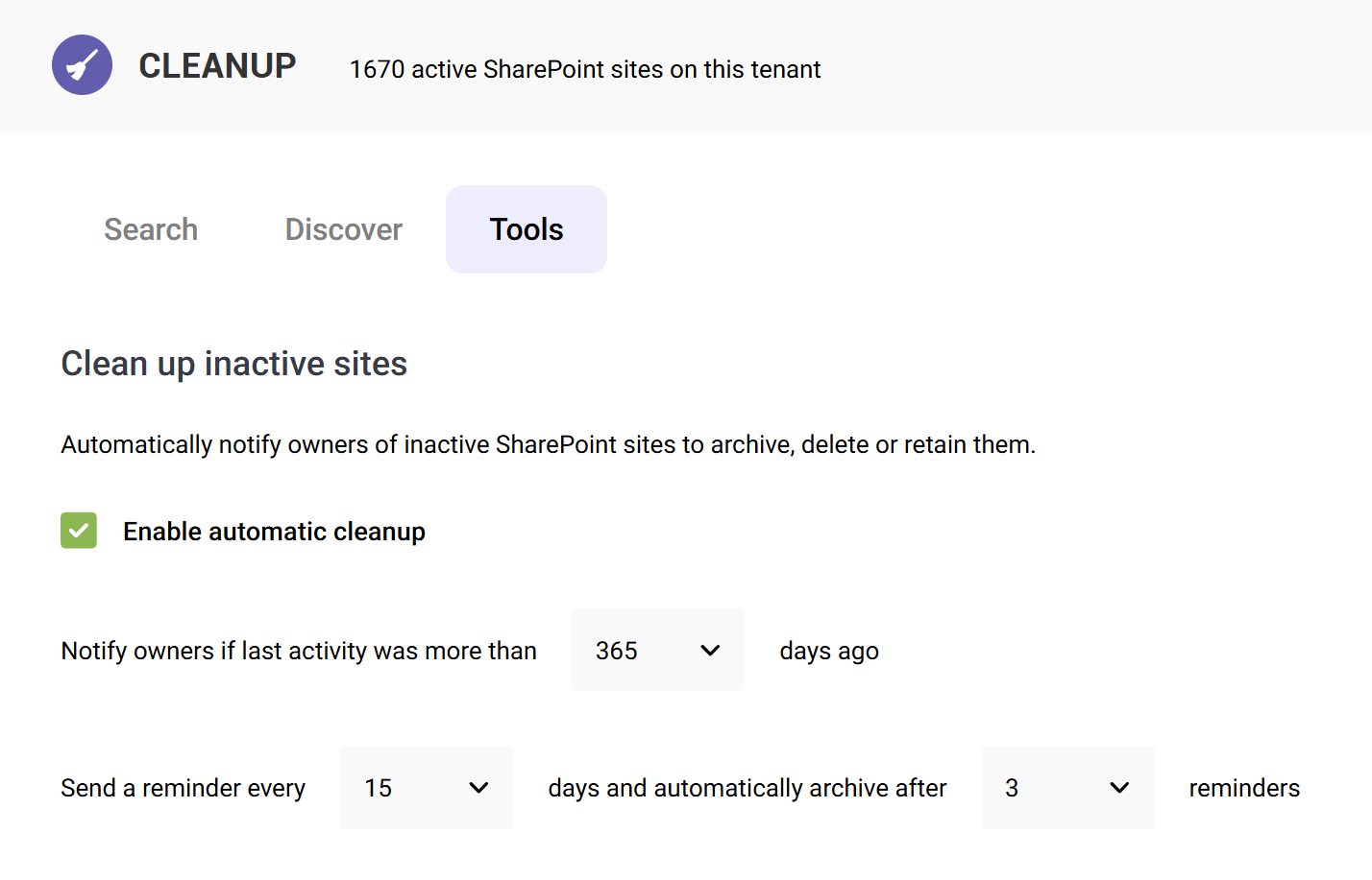 Screenshot of the automatic cleanup configuration screen in SProbot
