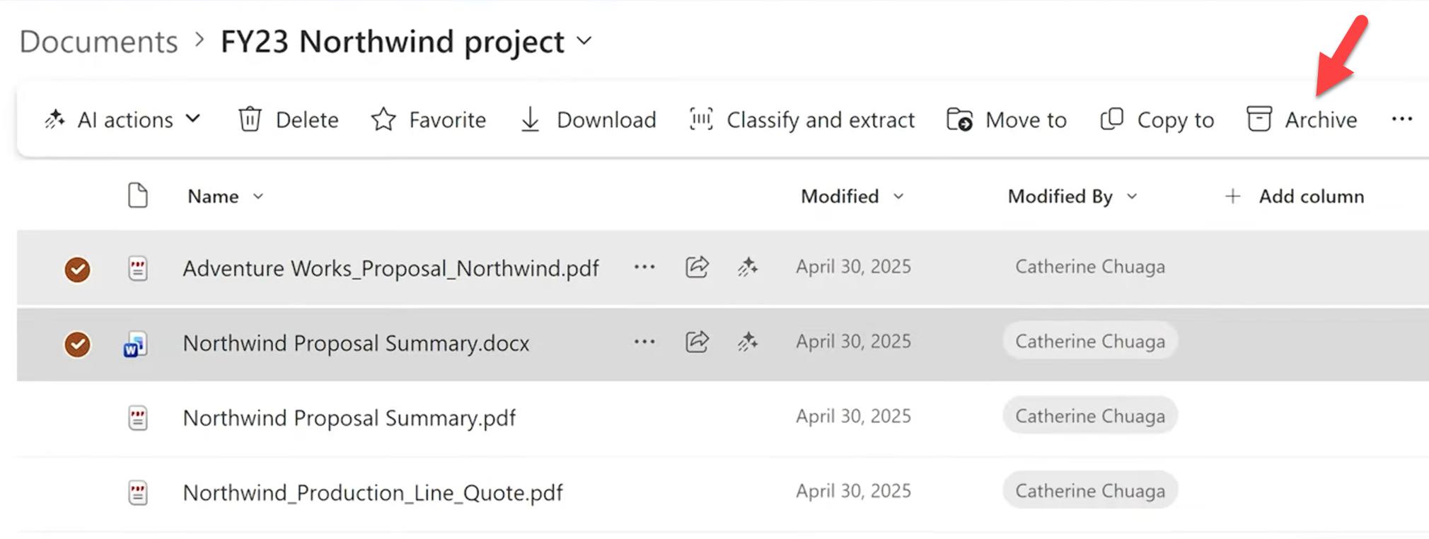 Screenshot of file-level archive button in a SharePoint document library