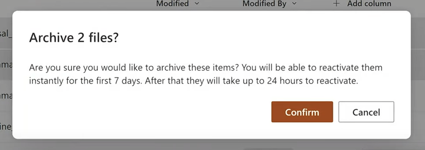 Screenshot of confirmation message when selecting to archive files in a SharePoint document library