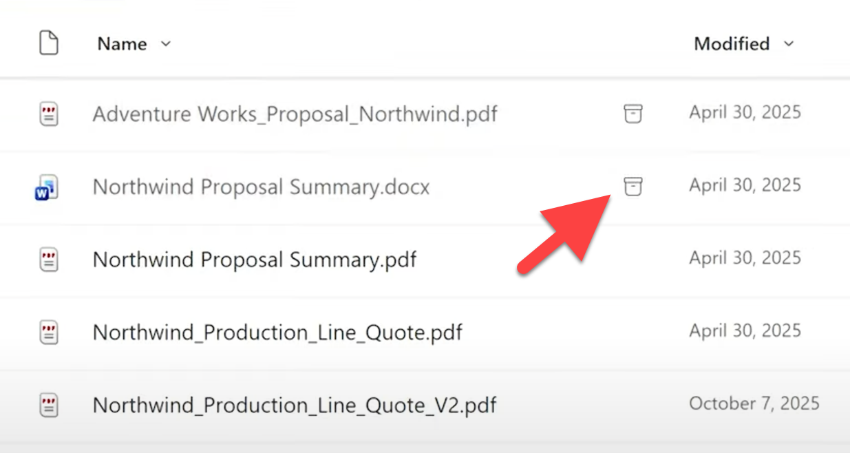 Screenshot of archive files in SharePoint document library identified by icon
