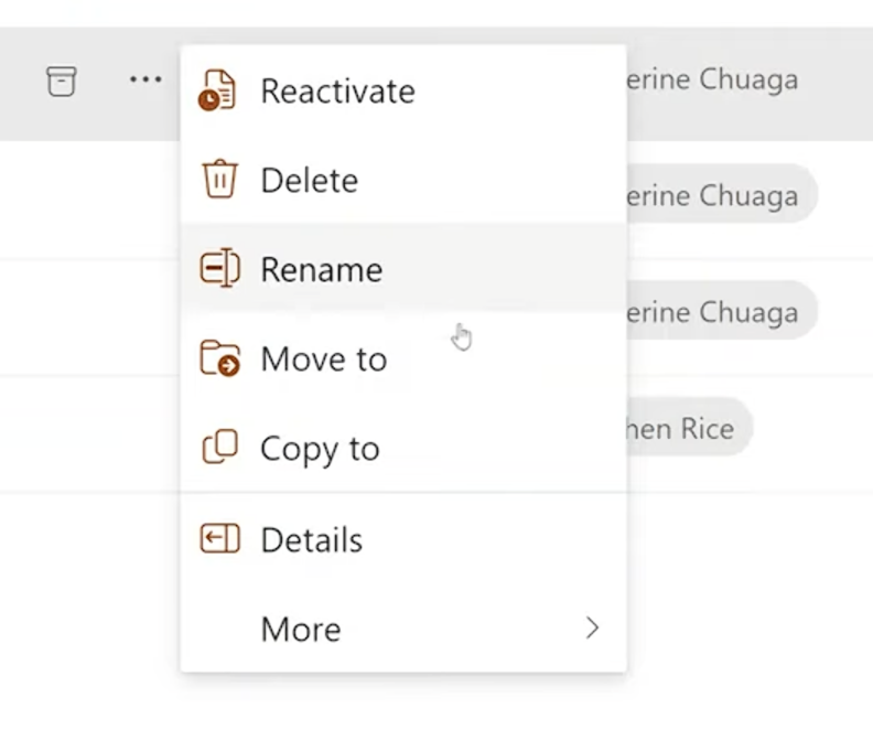 Screenshot of the item-level actions available for archived files in a SharePoint document library
