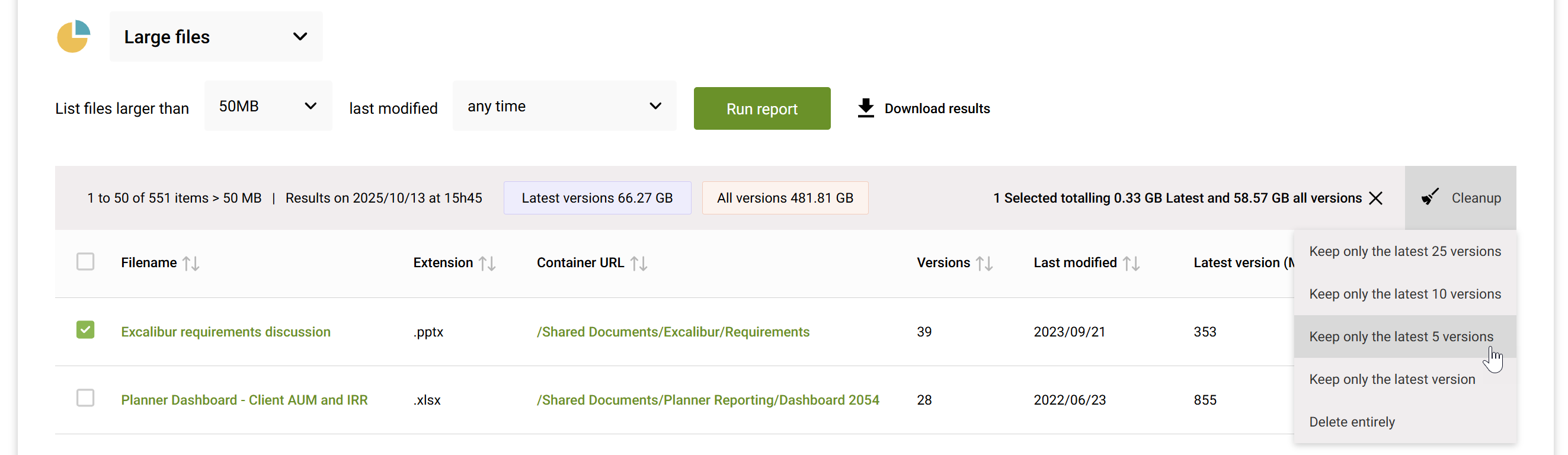 Screenshot of cleanup actions available within a large file report in SProbot
