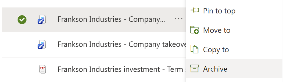 Screenshot of the context menu in SharePoint to archive an individual file