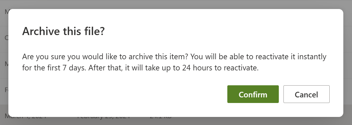 Screenshot of the confirmation message when archiving a file in SharePoint