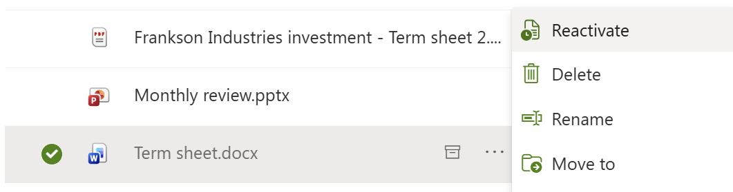 Screenshot of the reactivation context menu button on an archived file in SharePoint