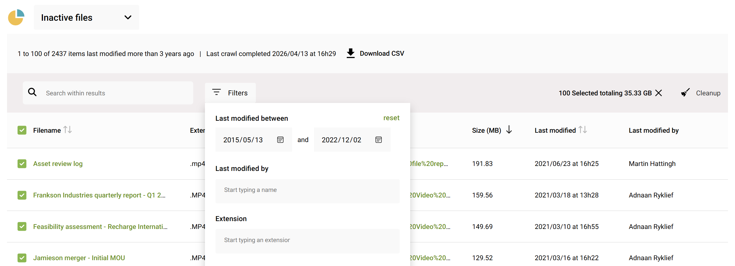 Screenshot of the inactive file detailed report in SProbot