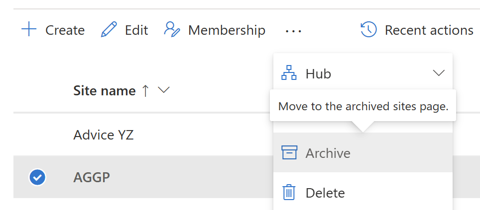 Screenshot of the individua site archiving button in the SharePoint admin center