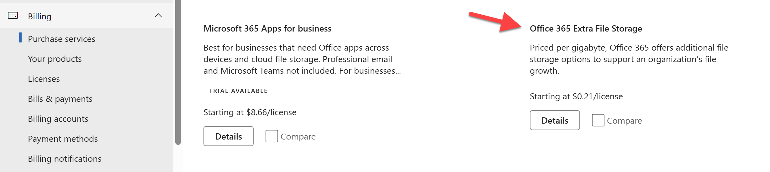 Screenshot of the SharePoint extra storage selection in the M365 admin center