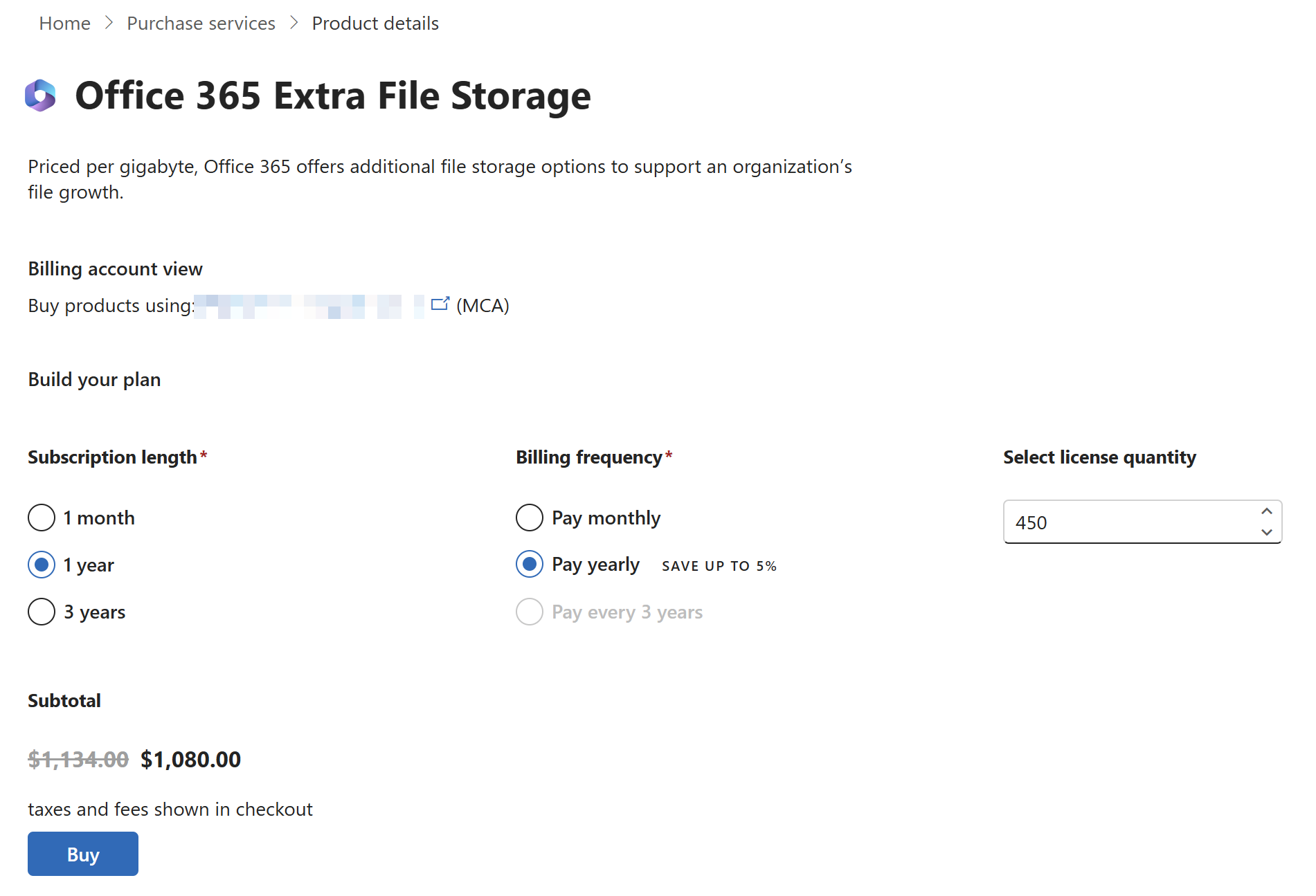 Screenshot of the Office 365 Extra File Storage add-on detail in the SP Admin Center