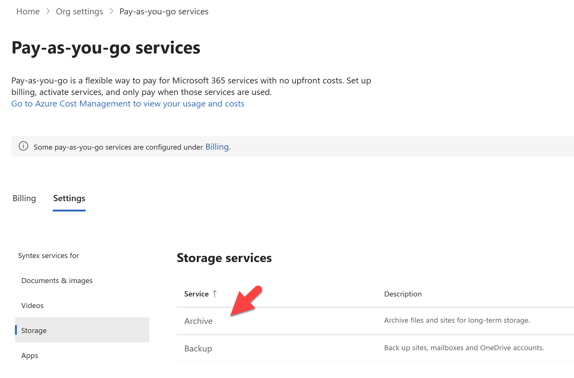 Screenshot of the PAYG setup screen in the Microsoft 365 Admin Center