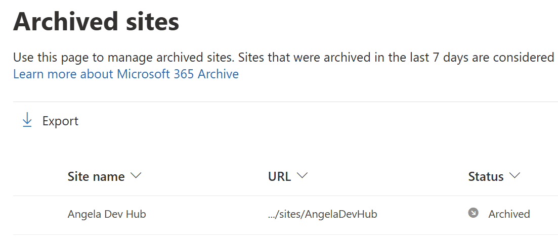 Screen capture of the process of reactivating a site from the Archived sites list in the SharePoint admin center