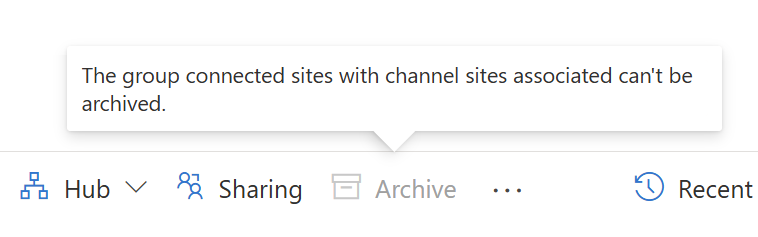 Screenshot showing Archive being unavailable in the SharePoint admin center